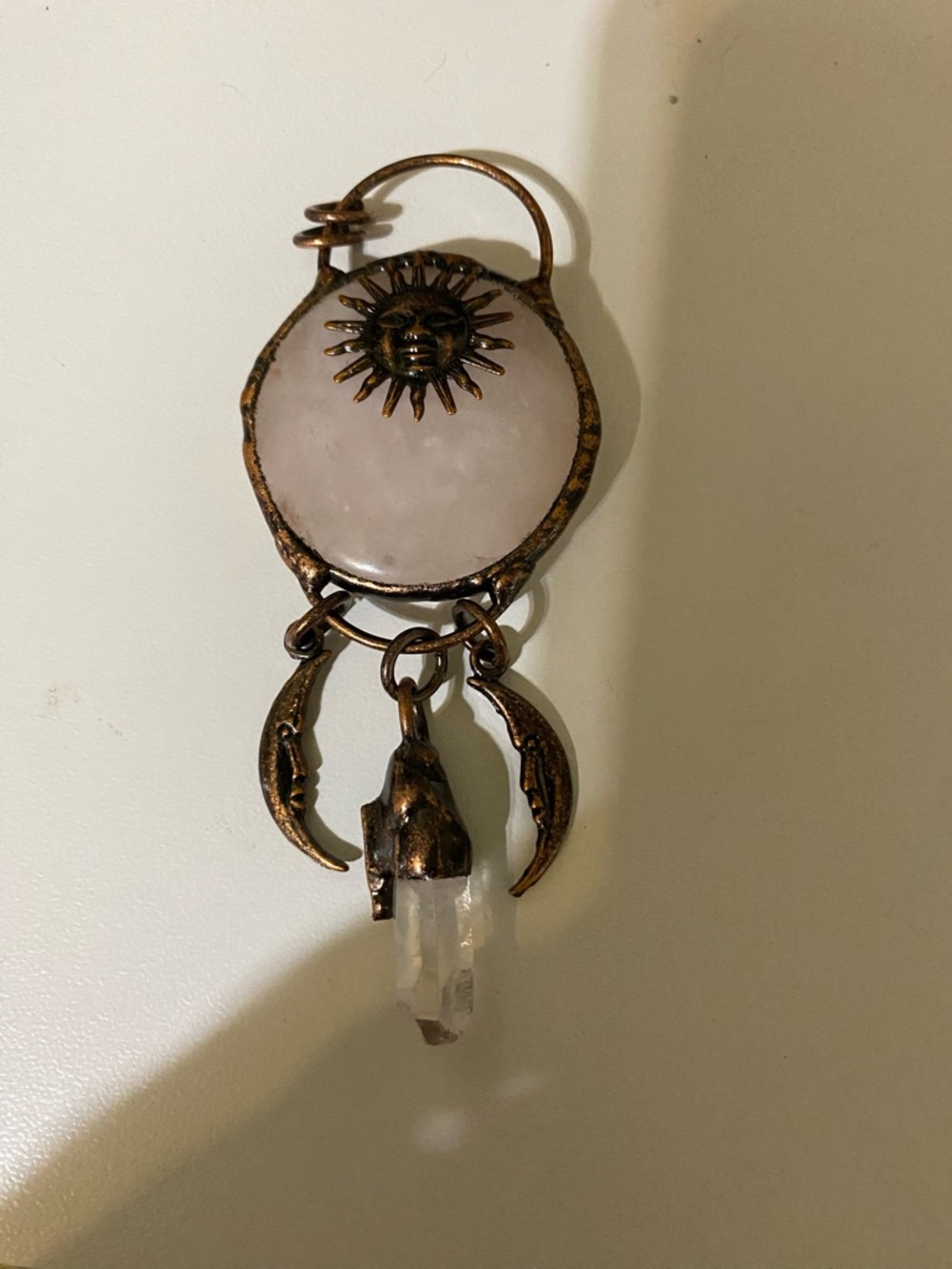Rose Quartz Sun & Crystal Pendant Necklace - Brass Finish